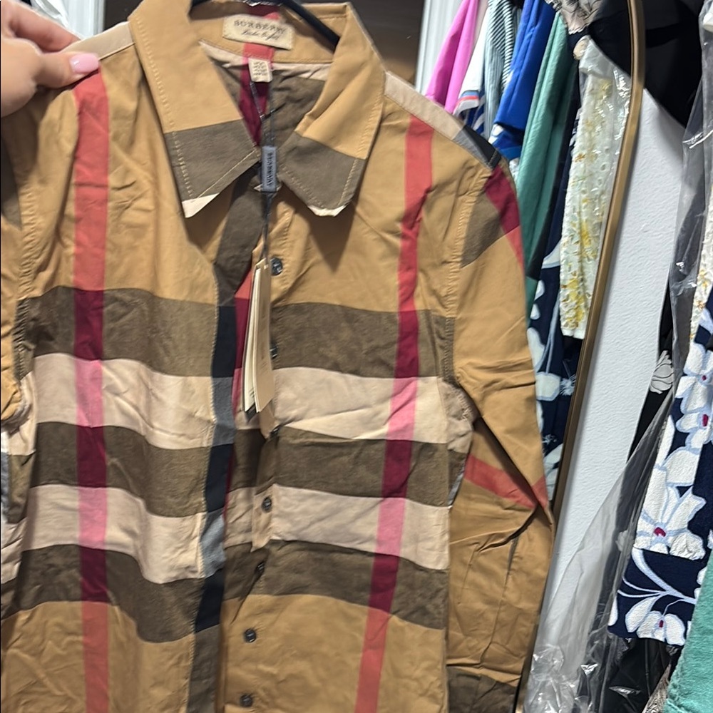 Burberry Tan and Red Plaid Shirt